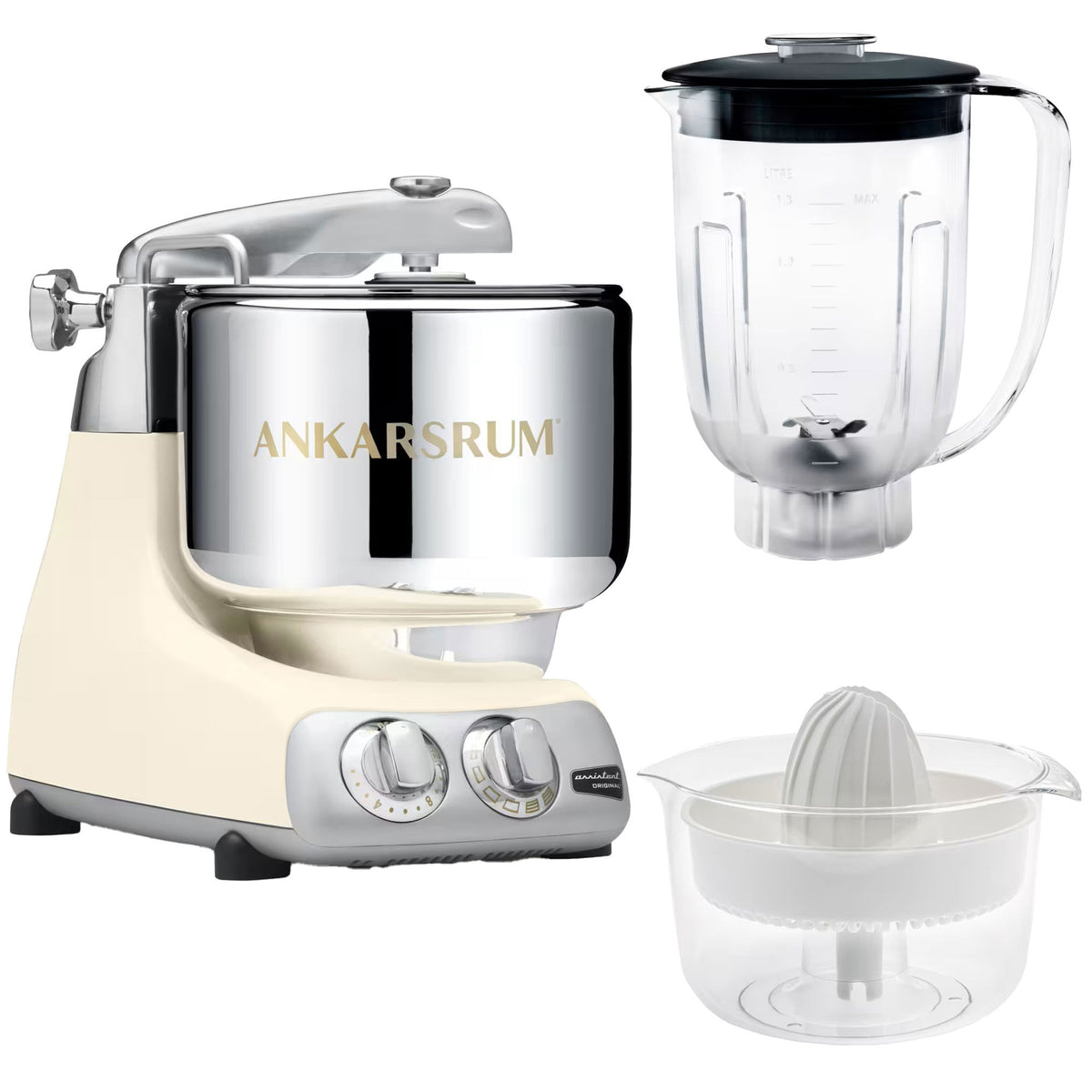 Ankarsrum Assistent AKM6230 køkkenmaskine i light créme med mixerkande og citruspresser