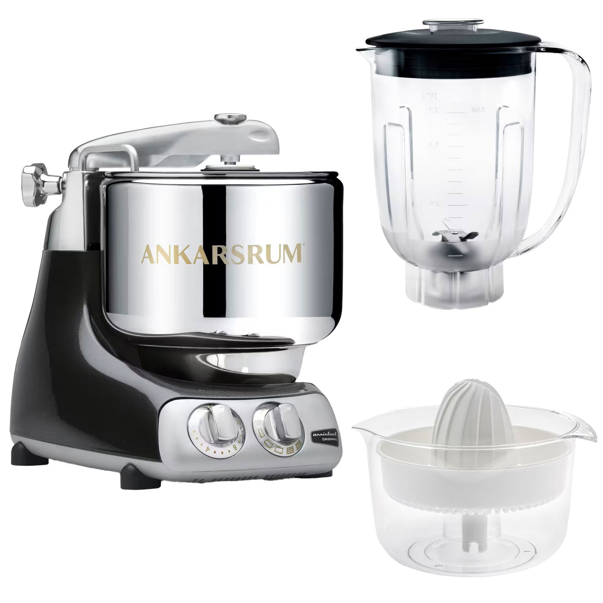 Ankarsrum Assistent AKM6230 køkkenmaskine i black diamond med mixerkande og citruspresser