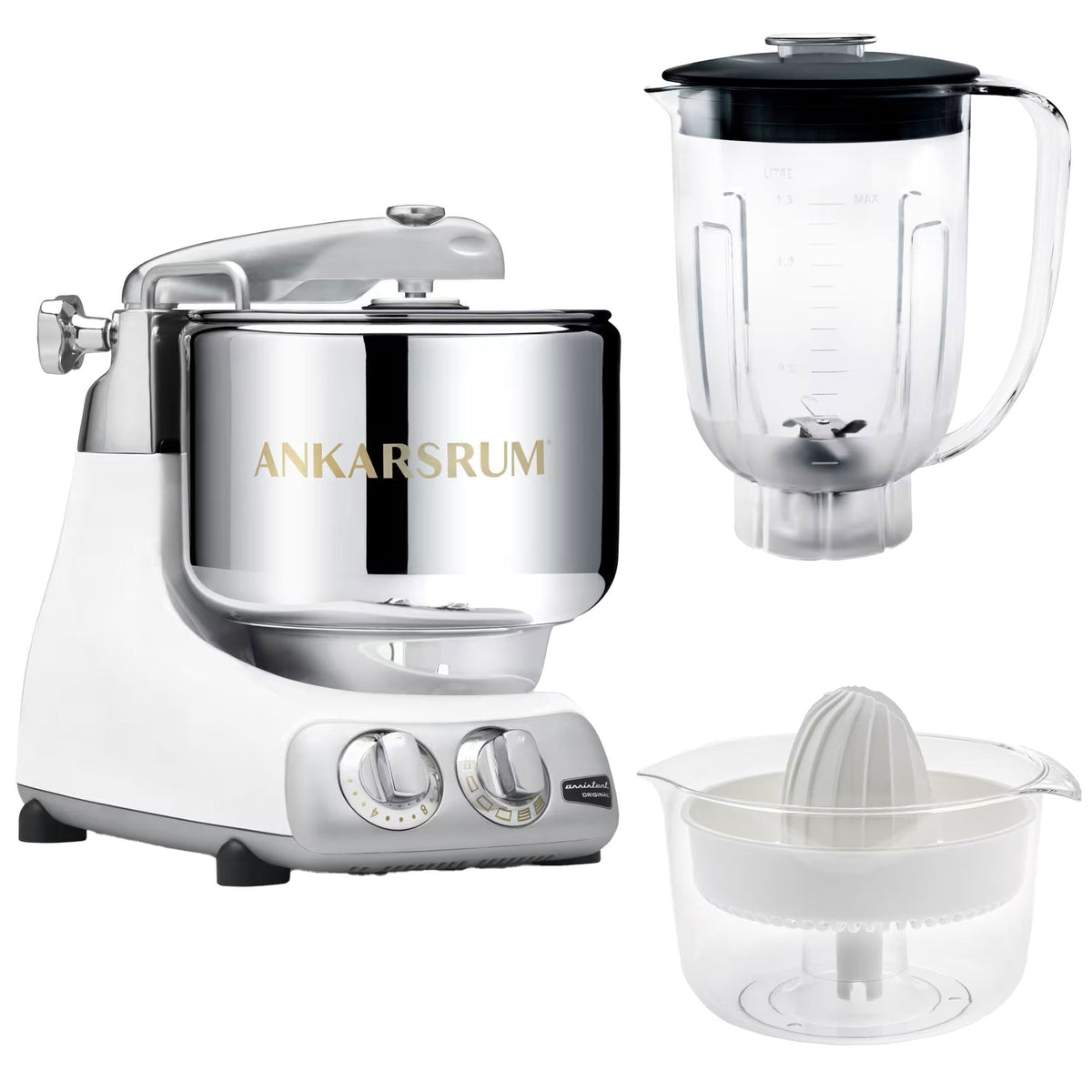 Ankarsrum Assistent AKM6230 køkkenmaskine i glossy white med mikserkande og citruspresser
