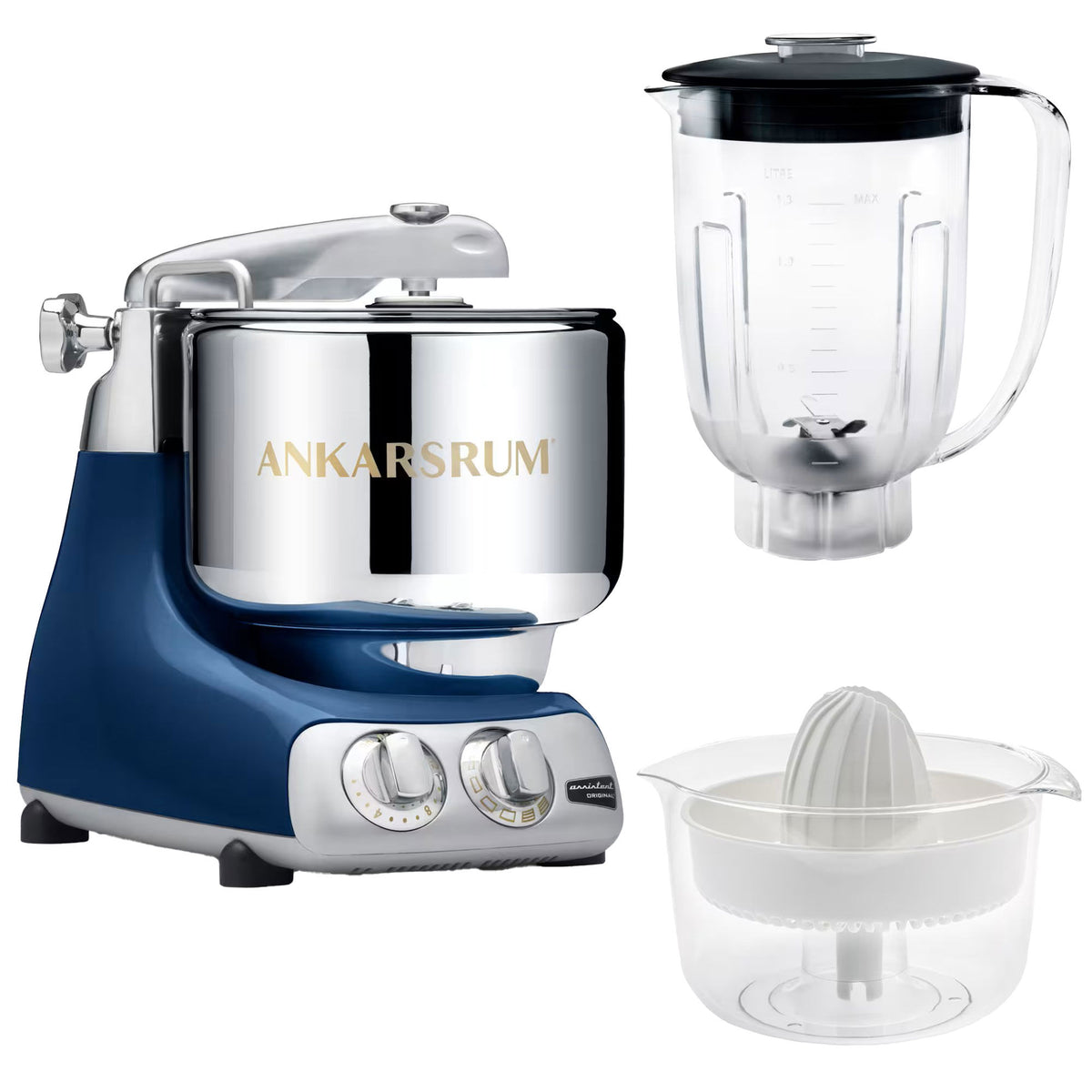 Ankarsrum Assistent AKM6230 køkkenmaskine i ocean blue med mixerkande og citruspresser