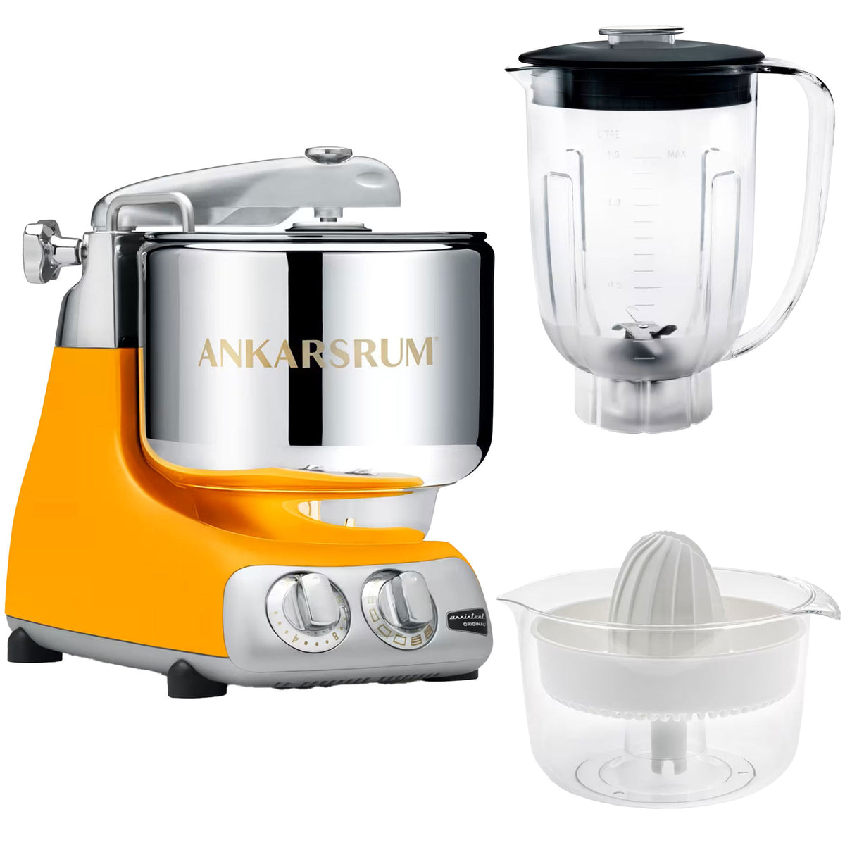 Gul Ankarsrum Assistent AKM6230 køkkenmaskine med mixerkande og citruspresser