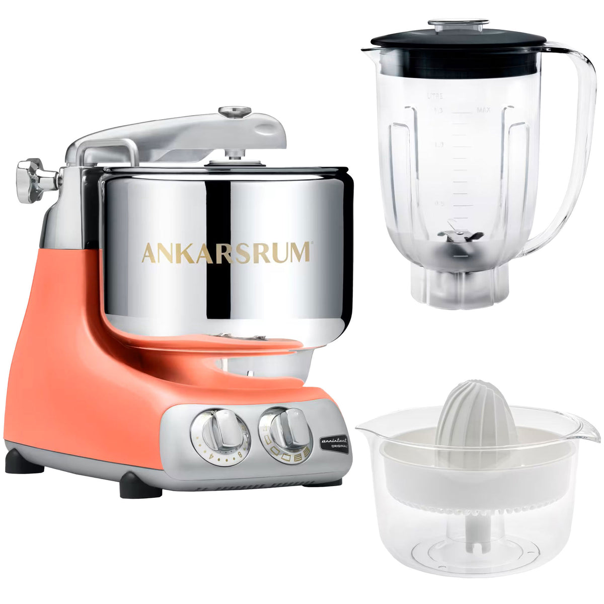 Ankarsrum Assistent AKM6230 køkkenmaskine i coral crush med mixerkande og citruspresser