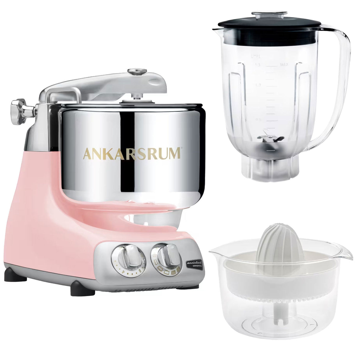 Ankarsrum Assistent AKM6230 røremaskine i cloudy pink med mixerkande og citruspresser