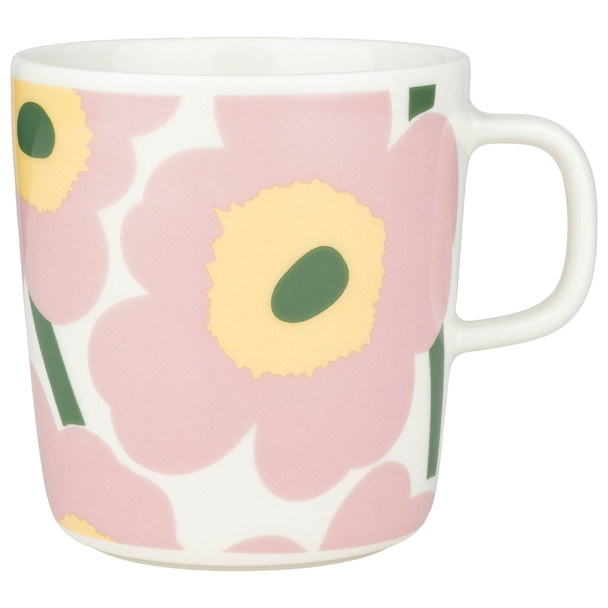 Marimekko Unikko kop på 4 dl i rosa og hvid med gul og grøn
