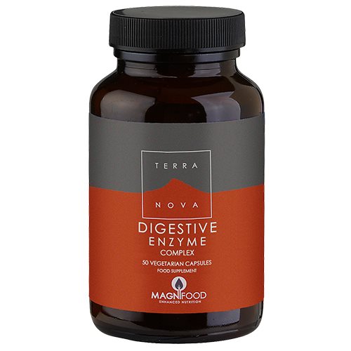 Glas med Terranova Digestive Enzyme Complex kosttilskud, 50 kapsler
