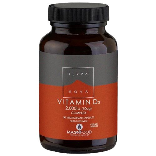 Beholder med Terranova Vitamin D3 2000 IU kosttilskud, 50 kapsler