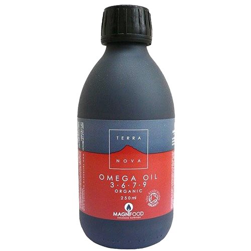 Flaske med Terranova Omega 3-6-7-9 blanding, kosttilskud, 250 ml