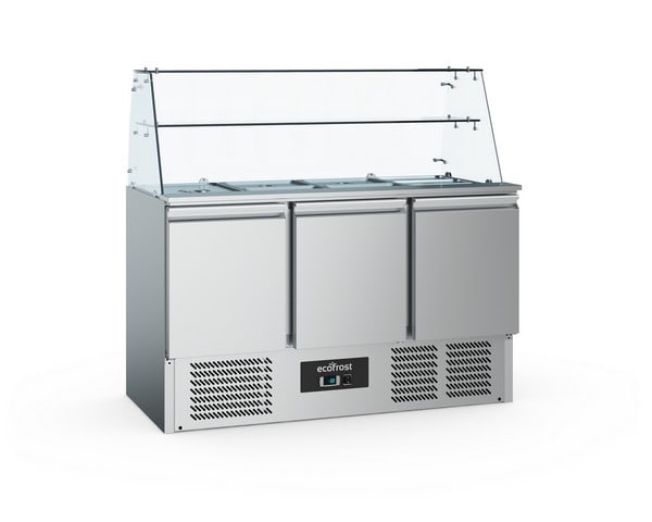 Saladette med tre døre og åben top med firkantet glas, 368 liter