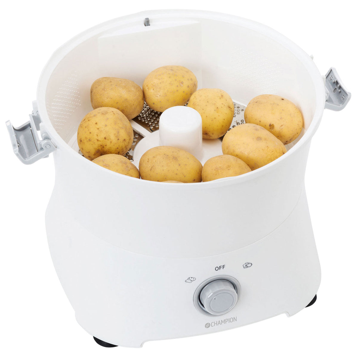 Hvid Champion PS110 elektrisk kartoffelskræller med salatslynge til op til 1 kg kartofler