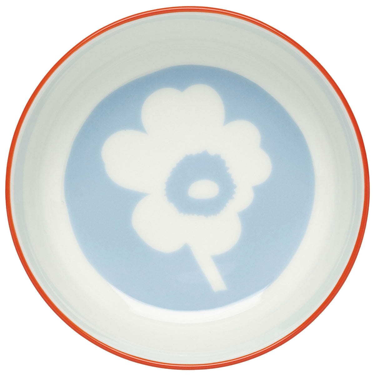 Marimekko Unikko skål med blomstermotiv i lyseblå og orangerød på hvid