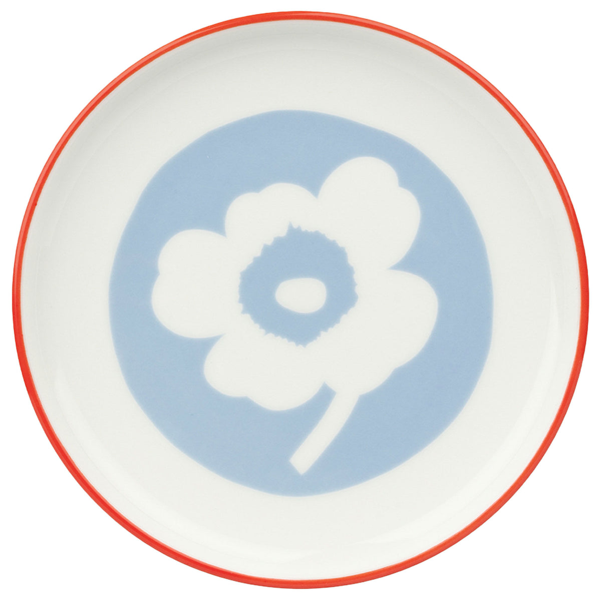 Marimekko Unikko tallerken i hvid og lyseblå med orangerød kant