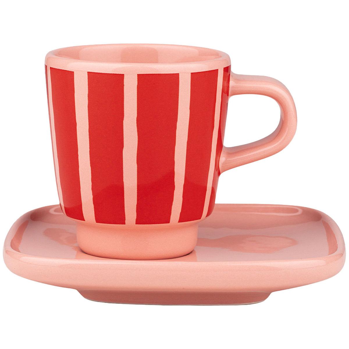 Marimekko Piccolo espressokop med underkop i hvidt stentøj med laksefarvede og orangerøde penselstrøg