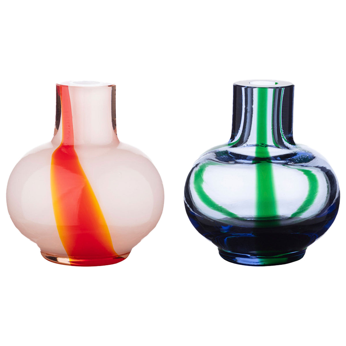 To små Marimekko minivaser i mundblæst glas med filigranmønster