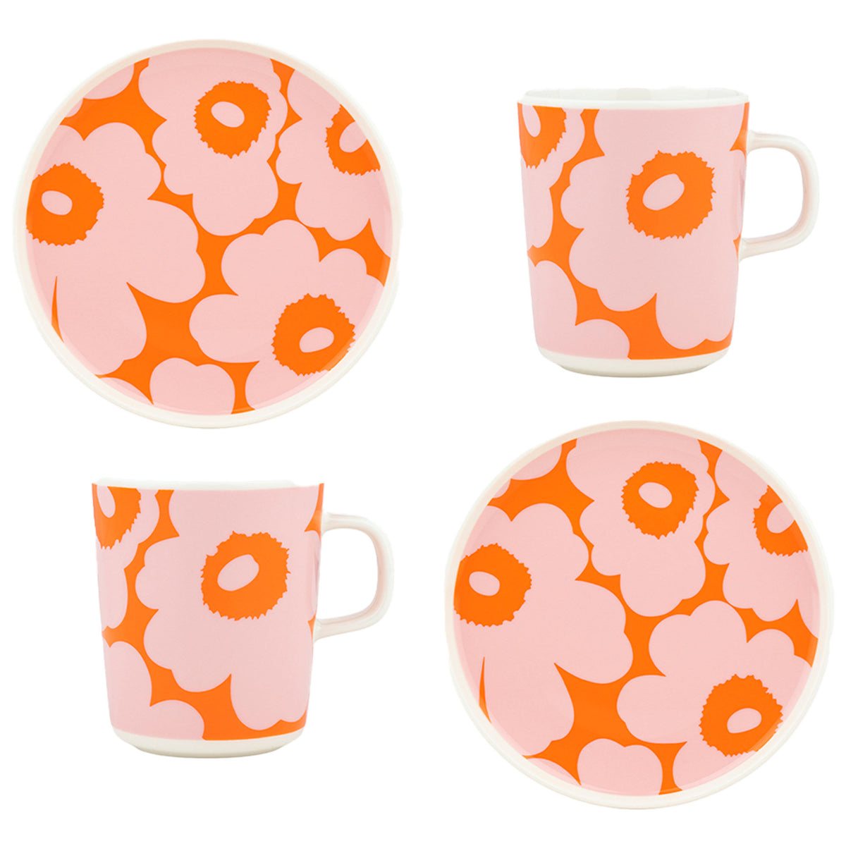 Marimekko Unikko morgenmadssæt med krus og asietter i hvid, lyserød og orange