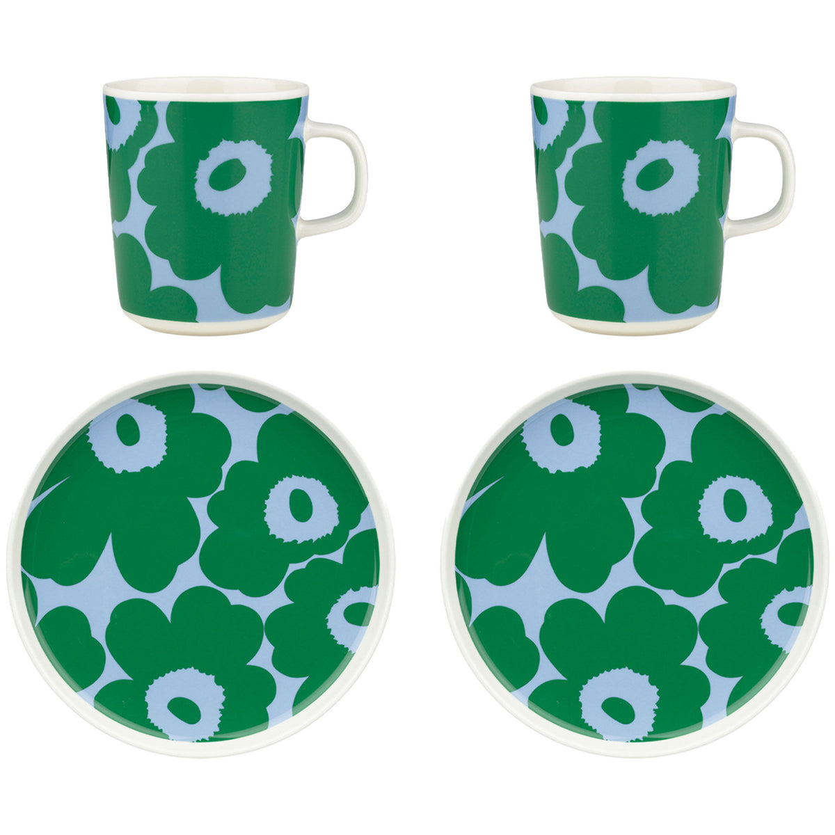Marimekko Unikko morgenmadssæt i 4 dele i hvid, grøn og lyseblå