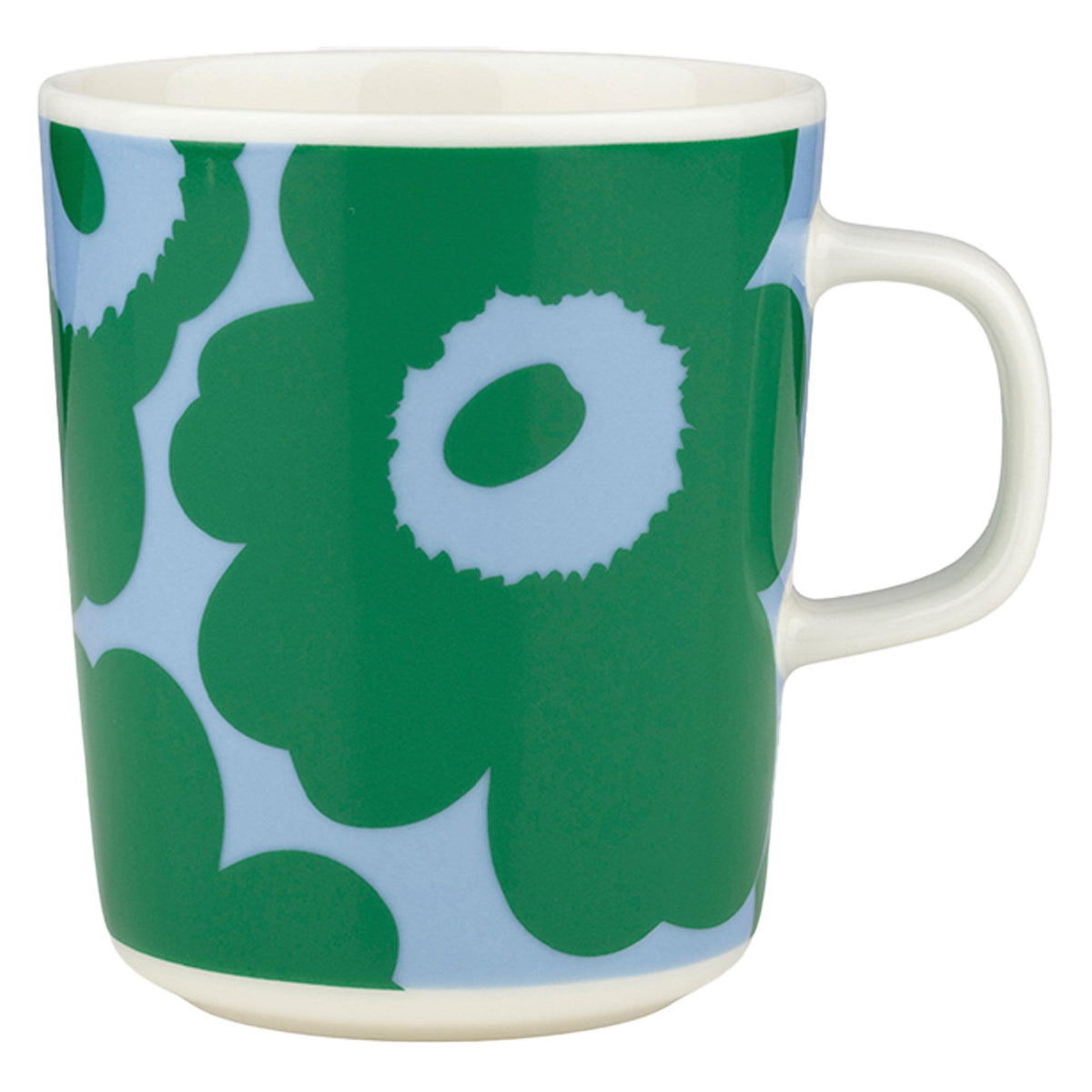 Marimekko Unikko krus på 2,5 dl med blomstermønster i grøn og lyseblå på hvid bund