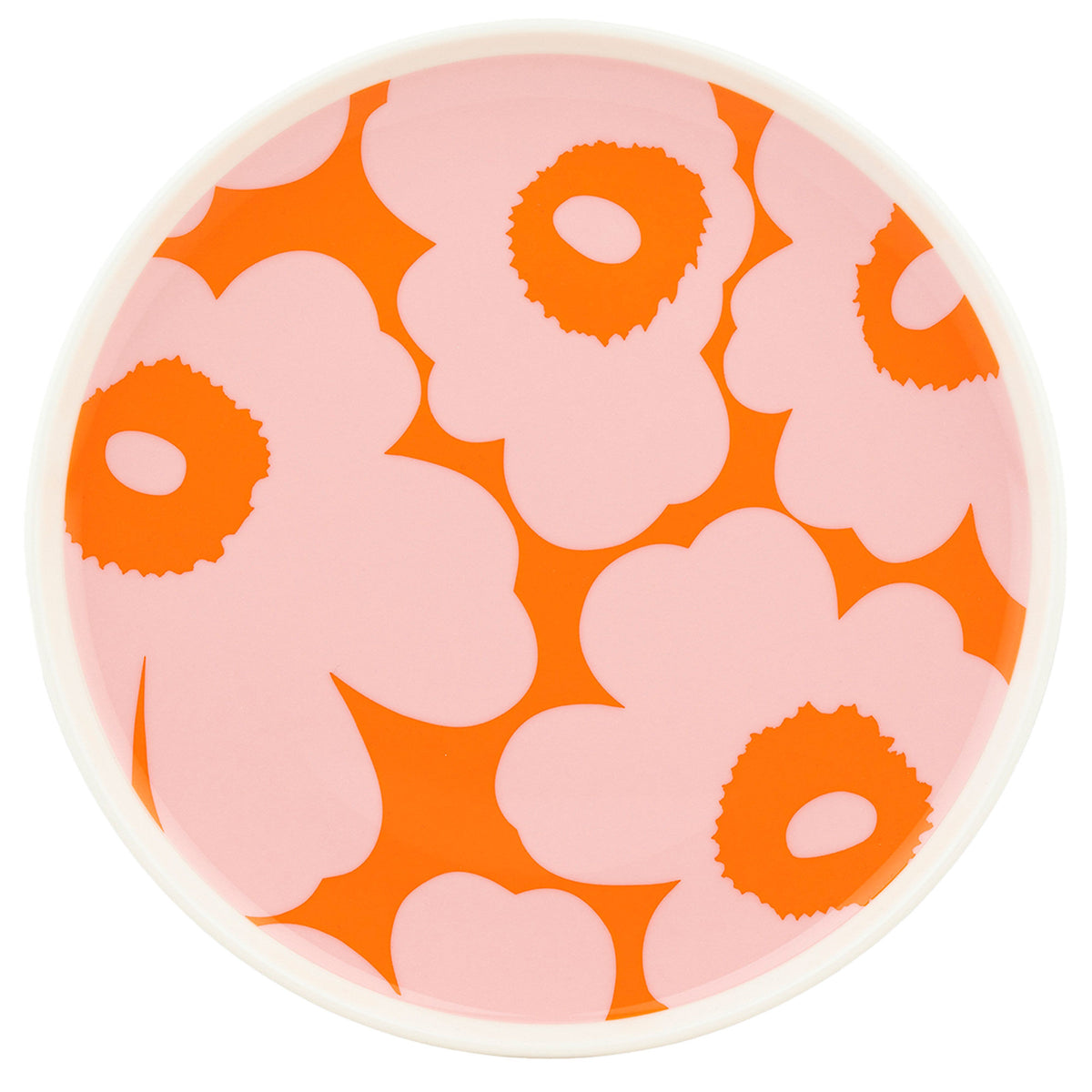 Marimekko Unikko asiet på 20 cm med blomstermønster i lyserød og orange på hvid bund