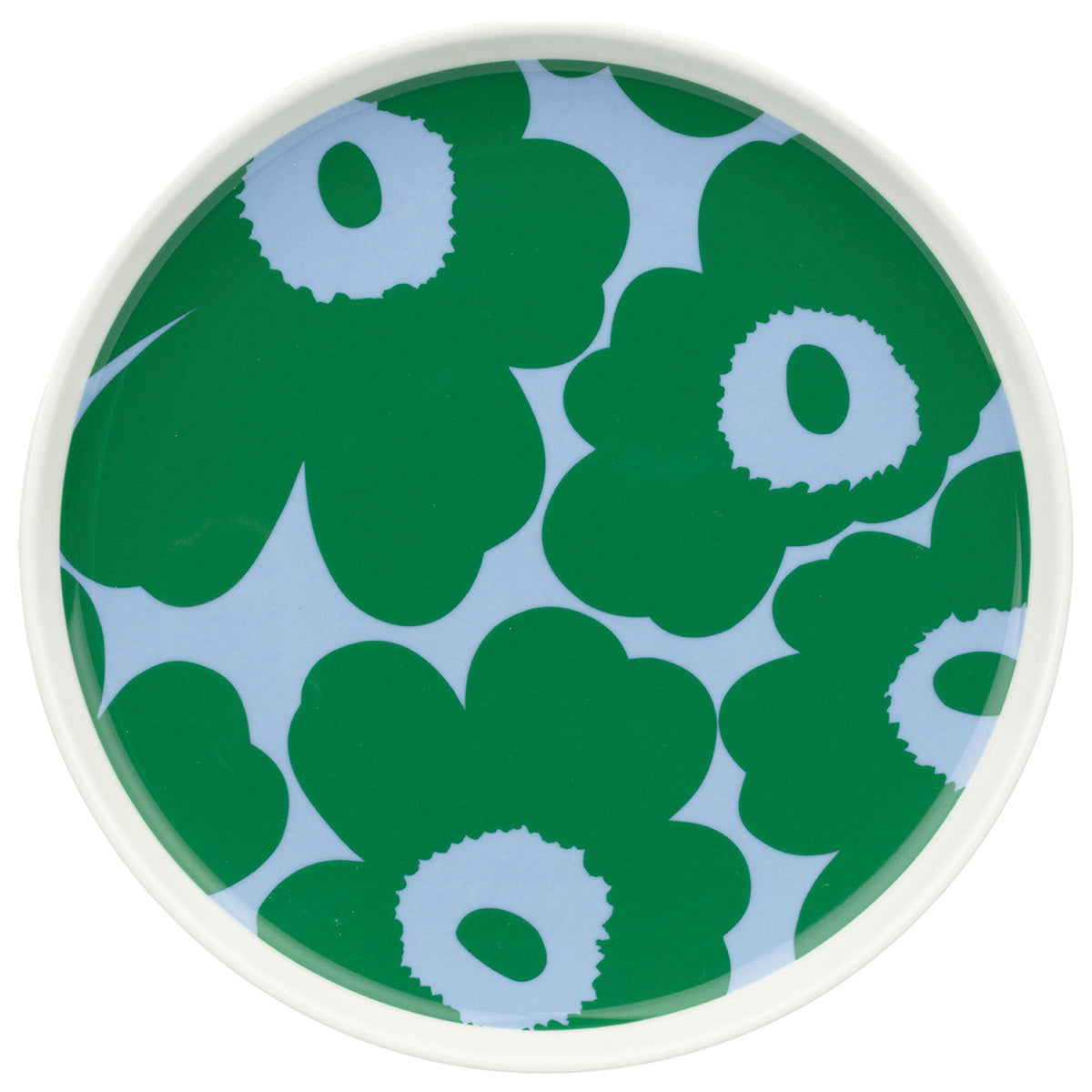 Marimekko Unikko asiet på 20 cm med grøn og lyseblå blomst på hvid bund