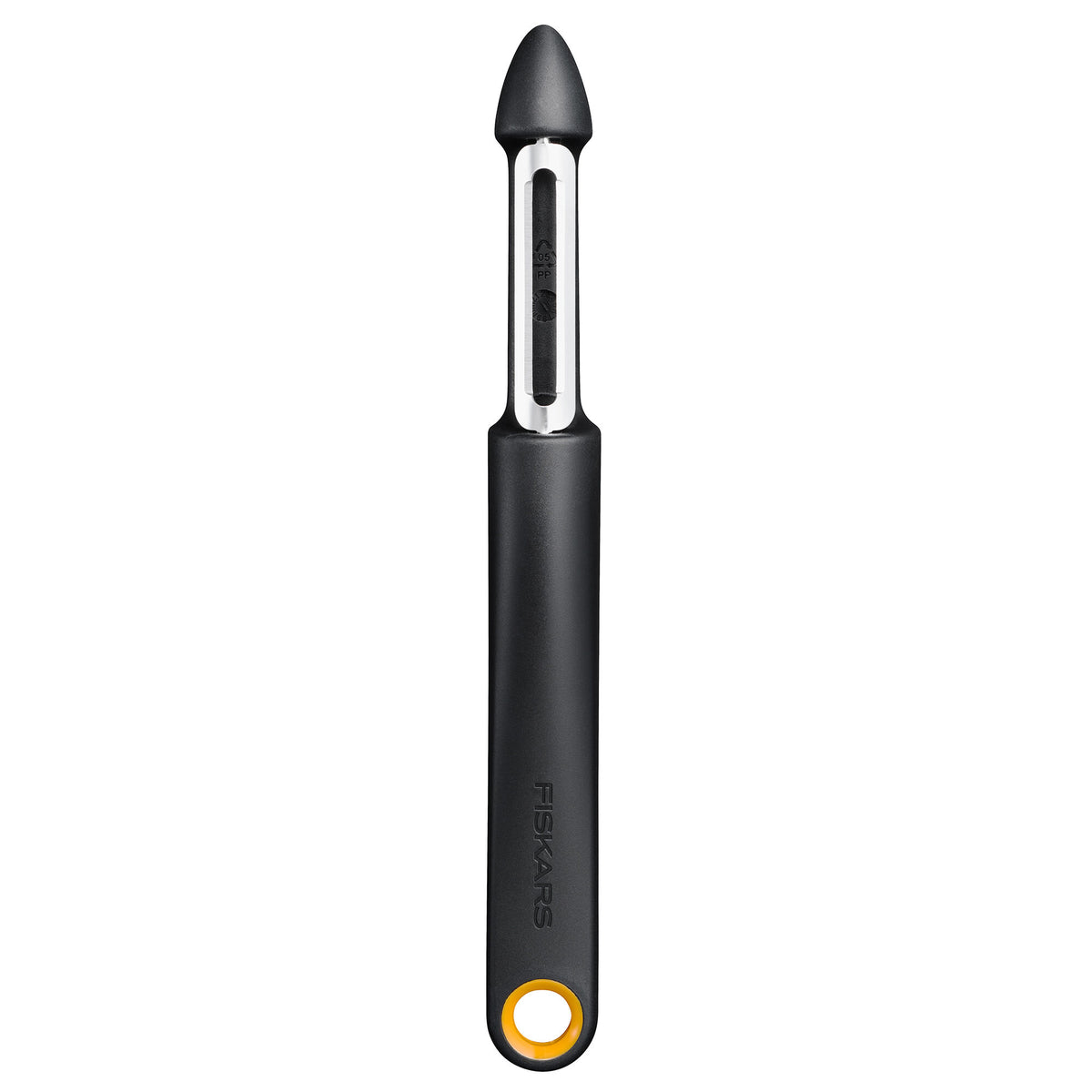 Fiskars Functional Form grøntsagsskræller med bevægeligt blad i sort og orange