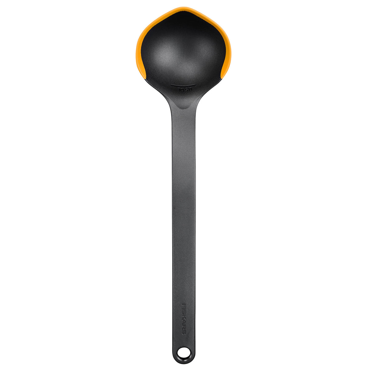 Fiskars Functional Form suppeske i sort og orange med silikonekant, 29,5 cm