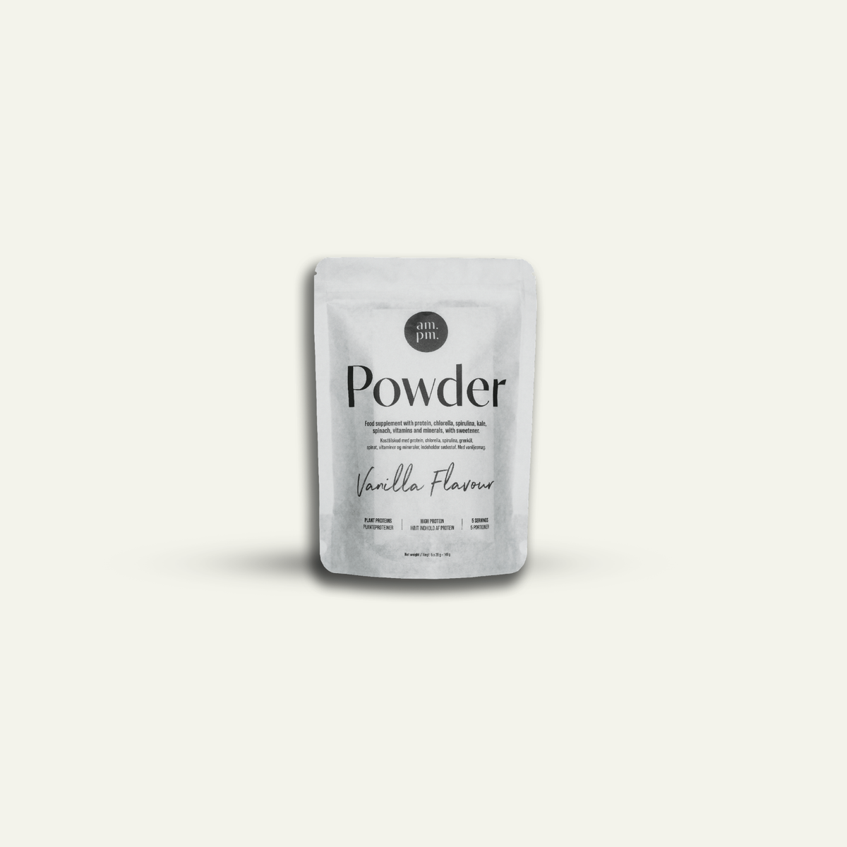 am.pm POWDER On.the.go shakepulver med smagen af blød vanilje, pakke med fem portioner