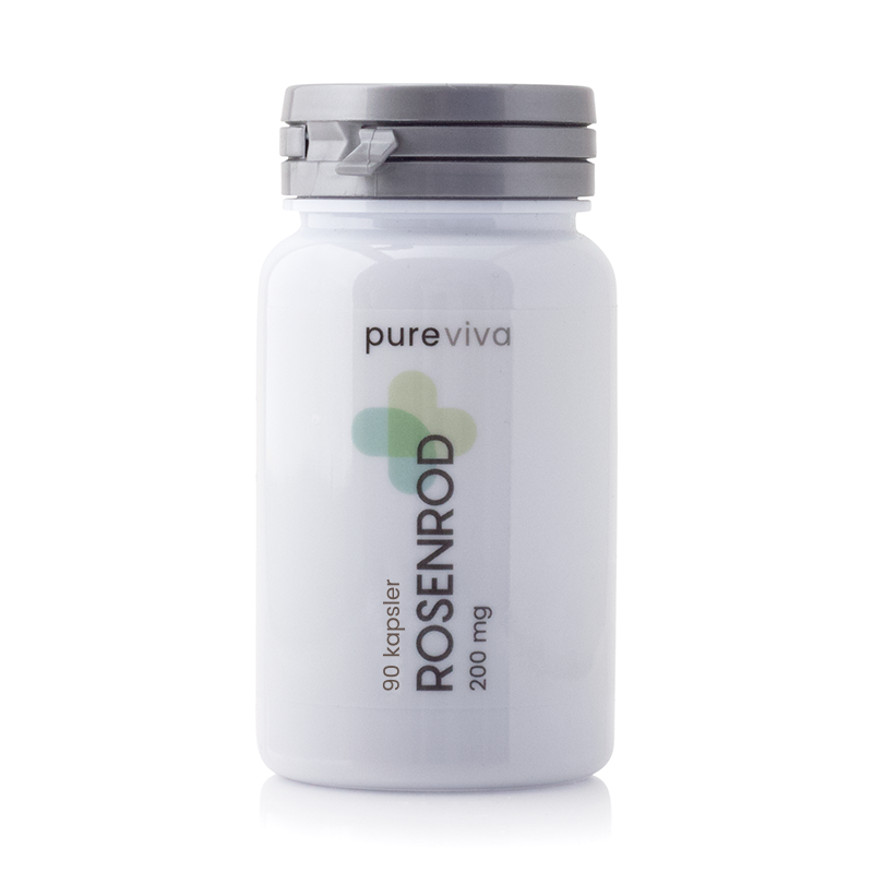 Pakning med Pureviva Rosenrod kosttilskud, 200 mg pr. kapsel, 90 kapsler