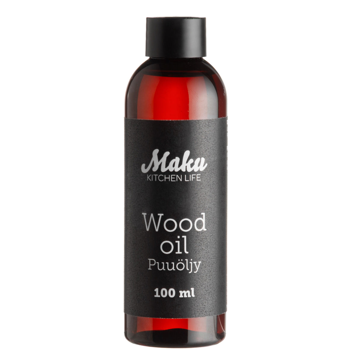 Flaske med 100 ml hvid mineralolie fra Maku til pleje af køkkenredskaber i træ