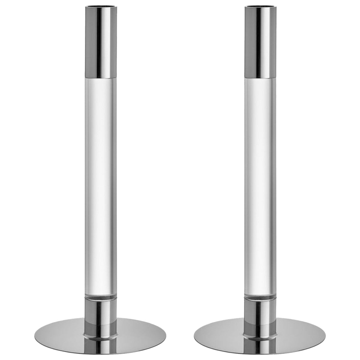 To Orrefors Lumiere lysestager på 26,5 cm i klart glas og sølv