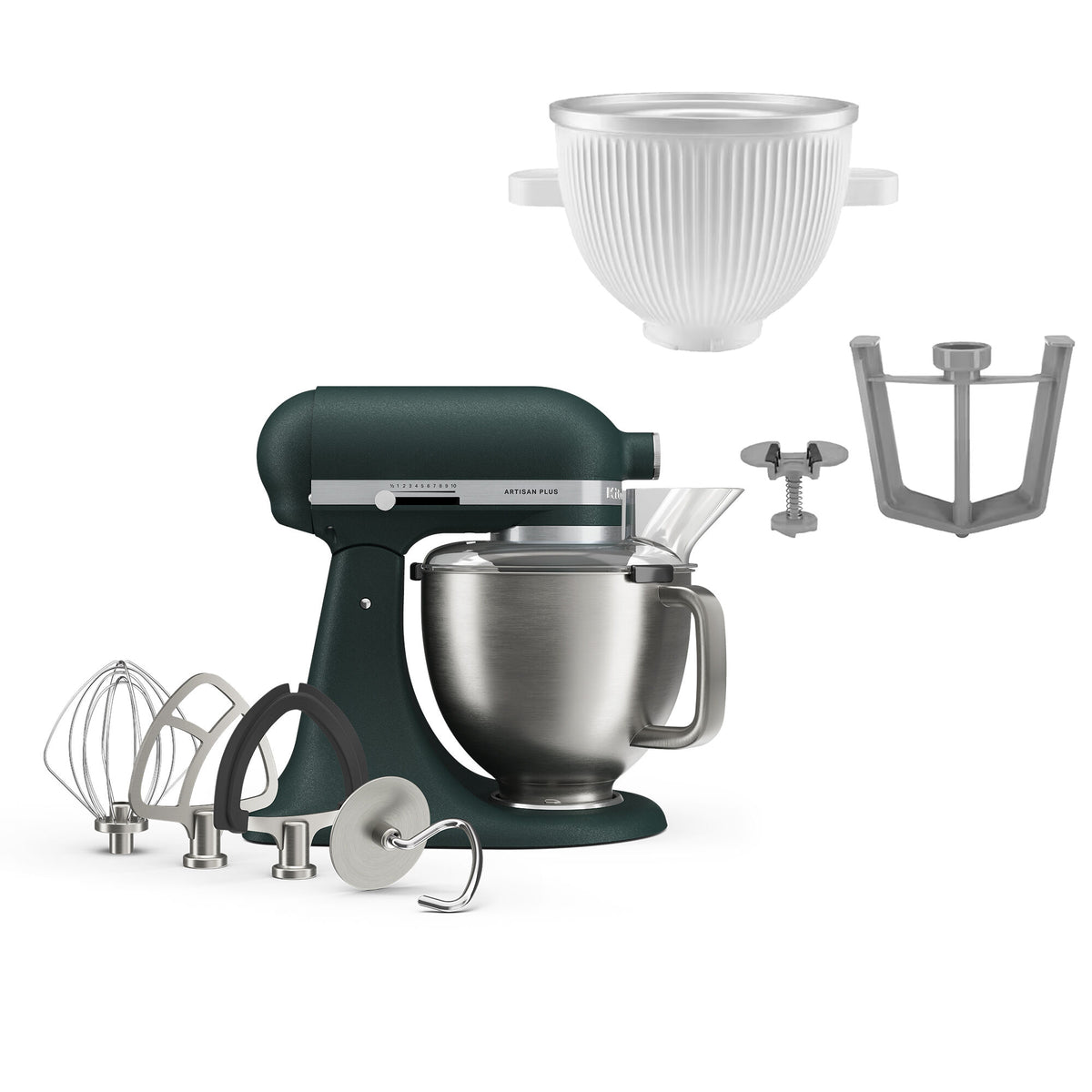 KitchenAid Artisan Plus køkkenmaskine i farven pebbled palm med tilbehør til is