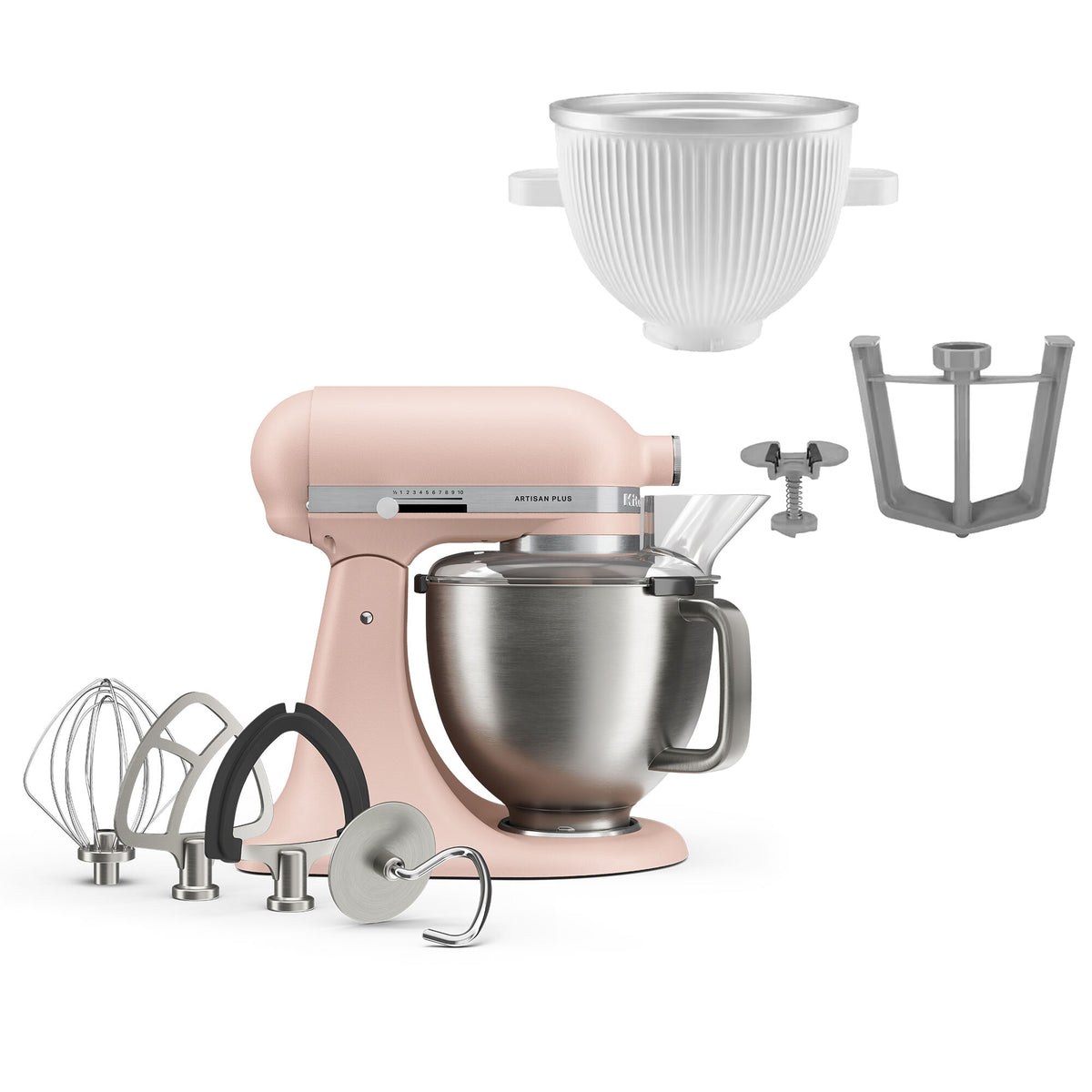 KitchenAid Artisan Plus køkkenmaskine i feather pink med tilbehør til at lave is
