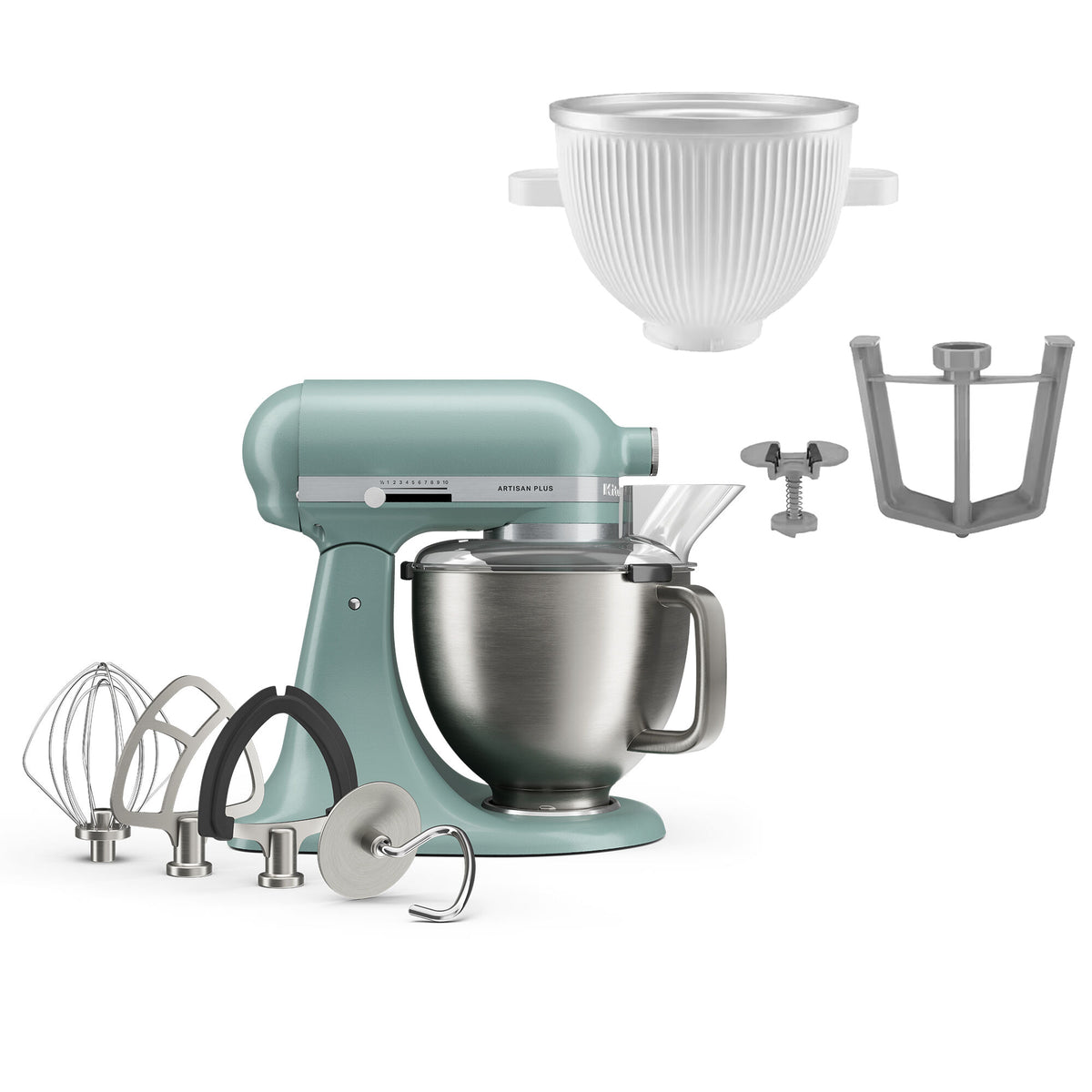KitchenAid Artisan Plus køkkenmaskine i farven Mint Julep med glasskål og tilbehør