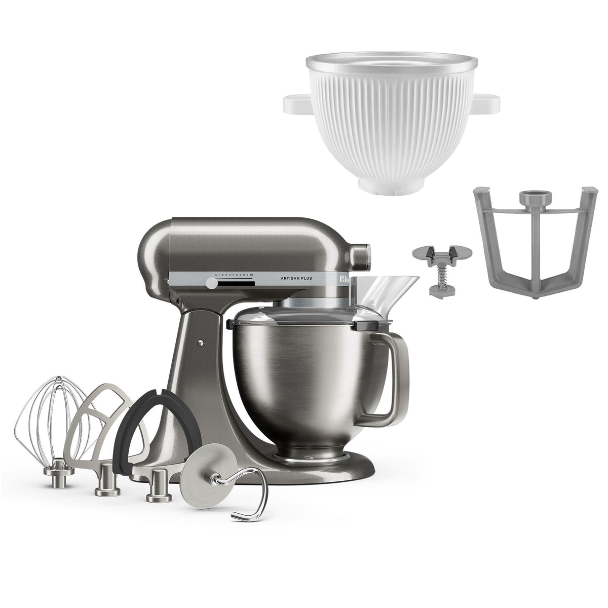KitchenAid Artisan Plus køkkenmaskine i medallion silver med istilbehør