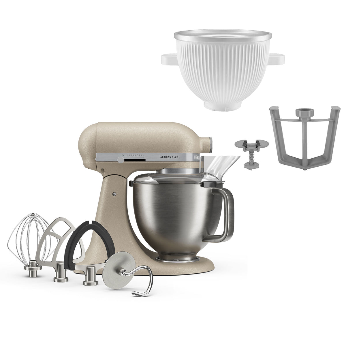 KitchenAid Artisan Plus røremaskine i farven oat med tilbehør til at lave is