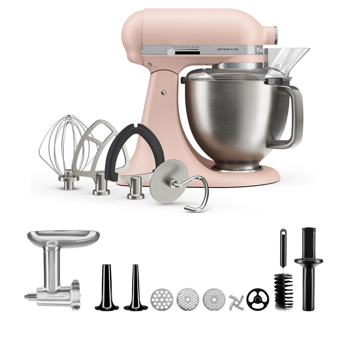 KitchenAid Artisan Plus køkkenmaskine i den bløde farve Feather Pink med kødhakker