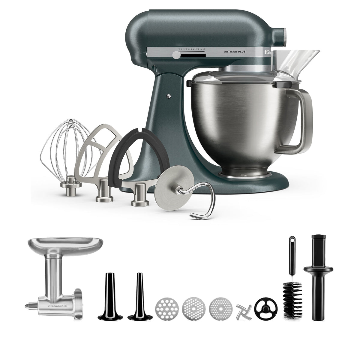 KitchenAid Artisan Plus køkkenmaskine på 4,7 liter i farven Juniper med kødhakker i metal