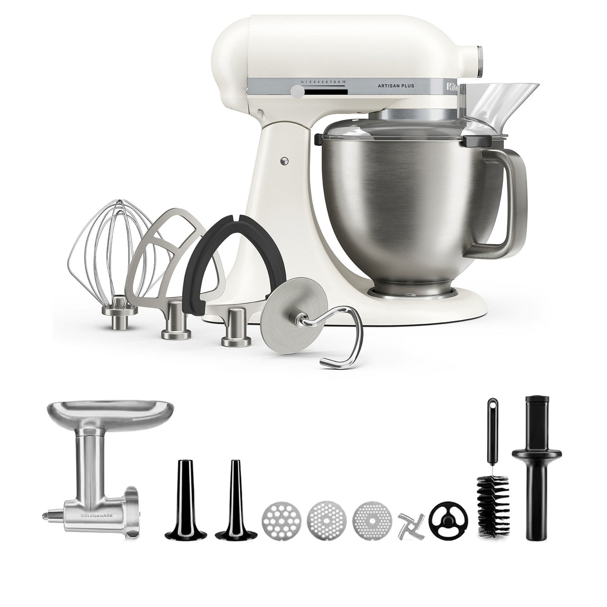 KitchenAid Artisan Plus køkkenmaskine i porcelain white med kødhakker i metal