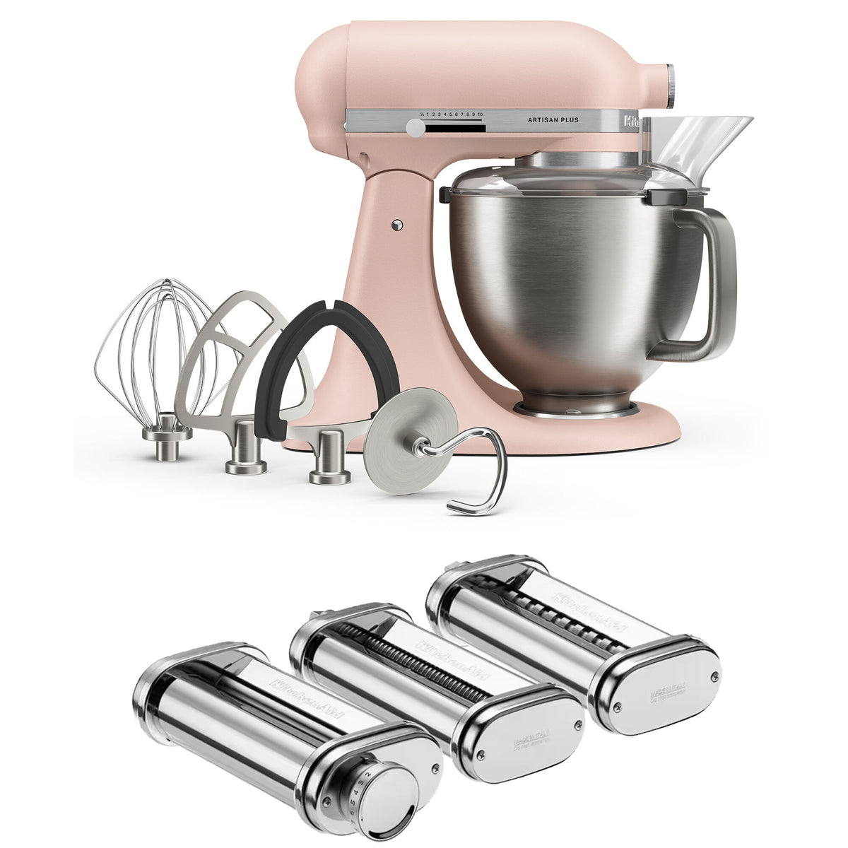 Feather Pink KitchenAid Artisan Plus køkkenmaskine med pastasæt