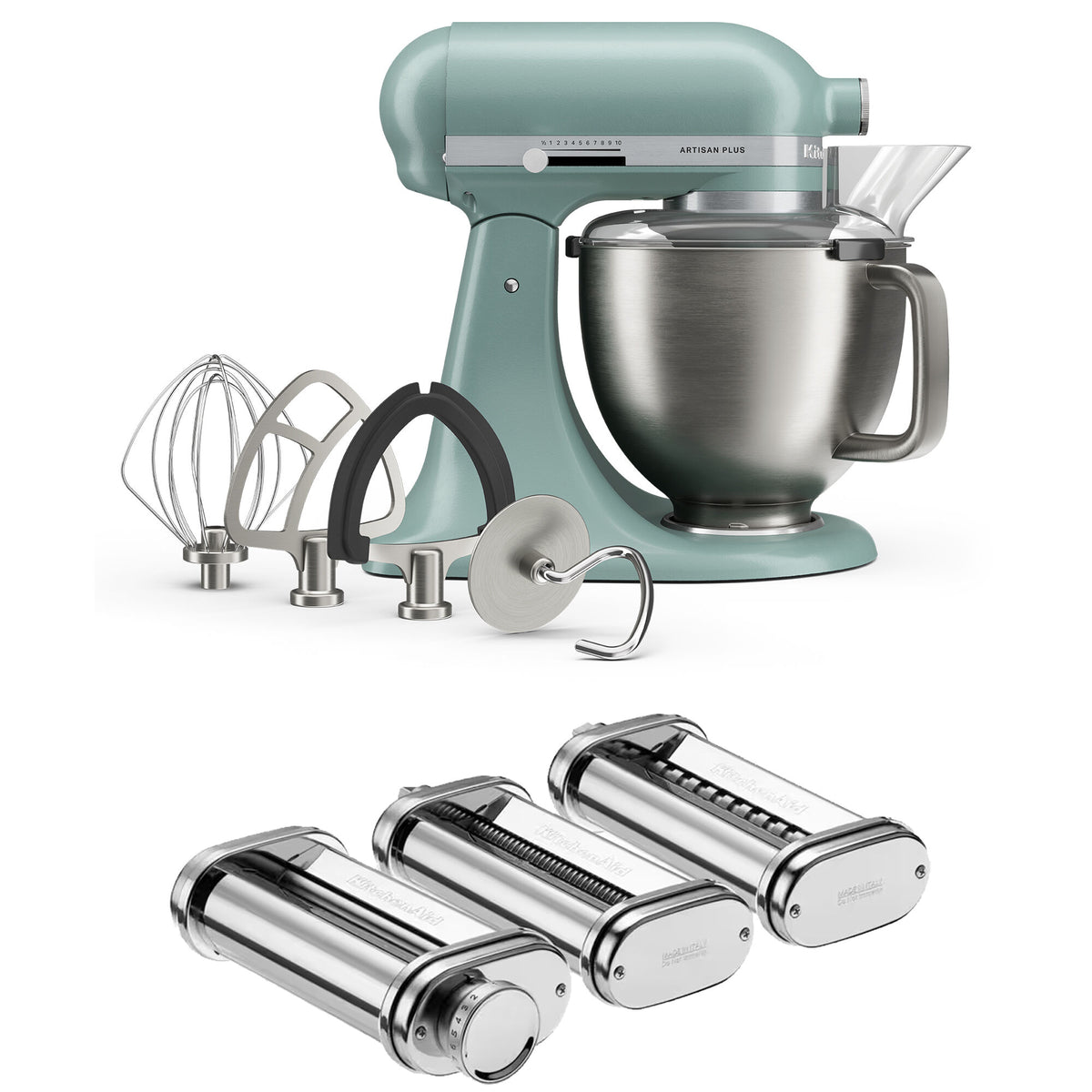 KitchenAid Artisan Plus køkkenmaskine på 4,7 liter i farven mint julep med pastatilbehør