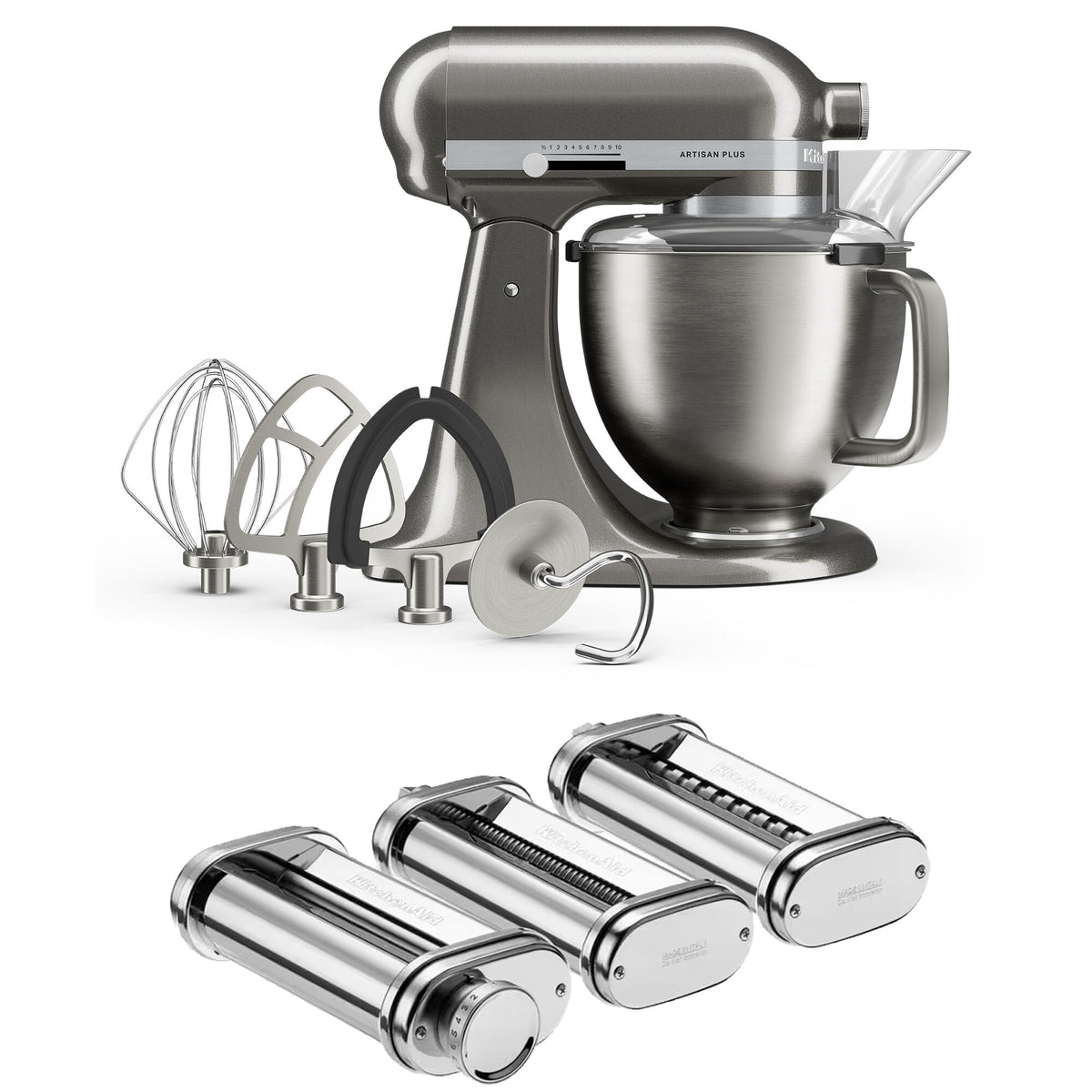 KitchenAid Artisan Plus køkkenmaskine på 4,7 liter i medallion silver med pastatilbehør
