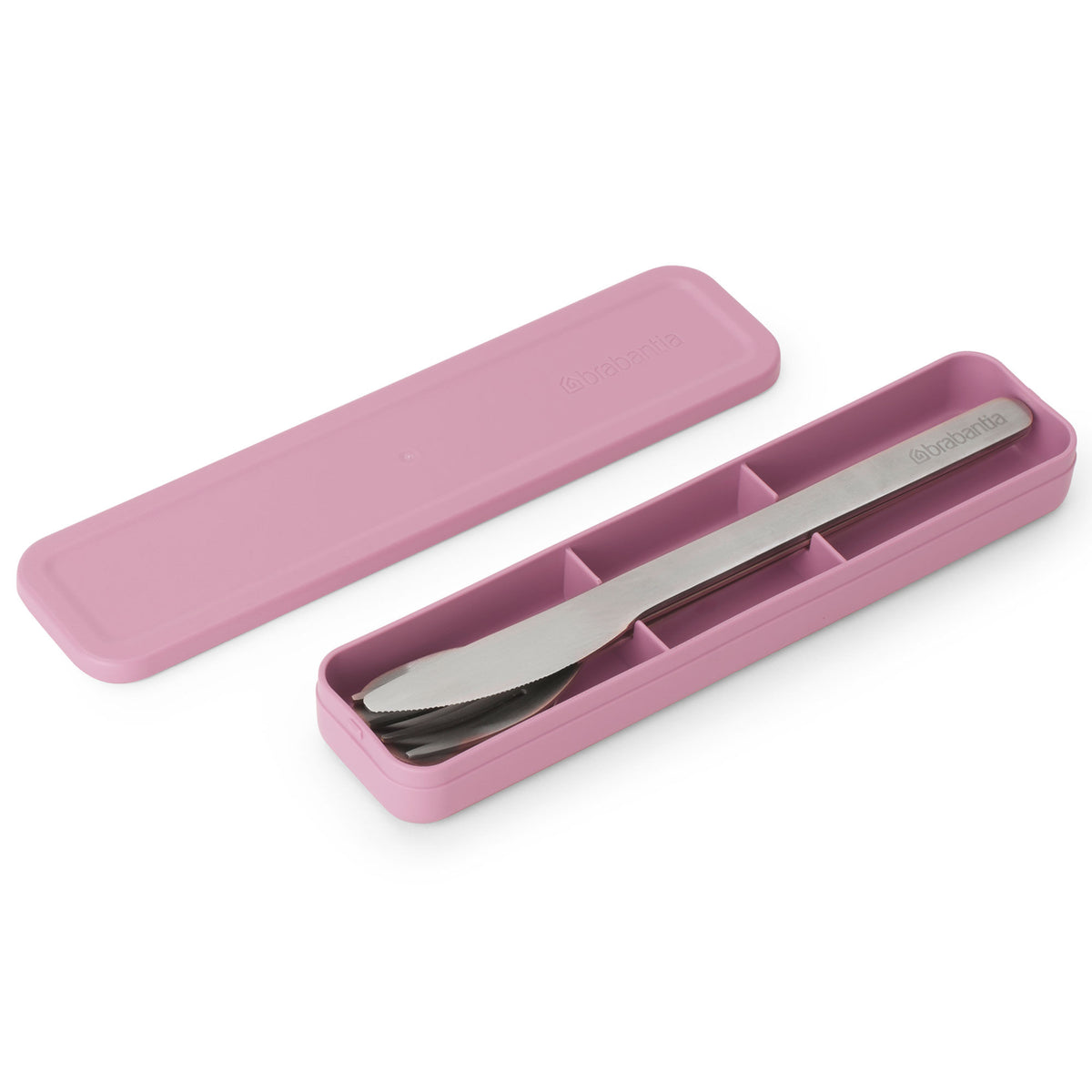Brabantia Make & Take bestiksæt med kniv, gaffel og ske i etui i lilac pink