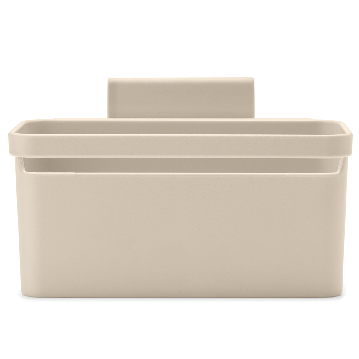 Brabantia Sinkside opbevaringskurv i soft beige, der hænger i køkkenvasken