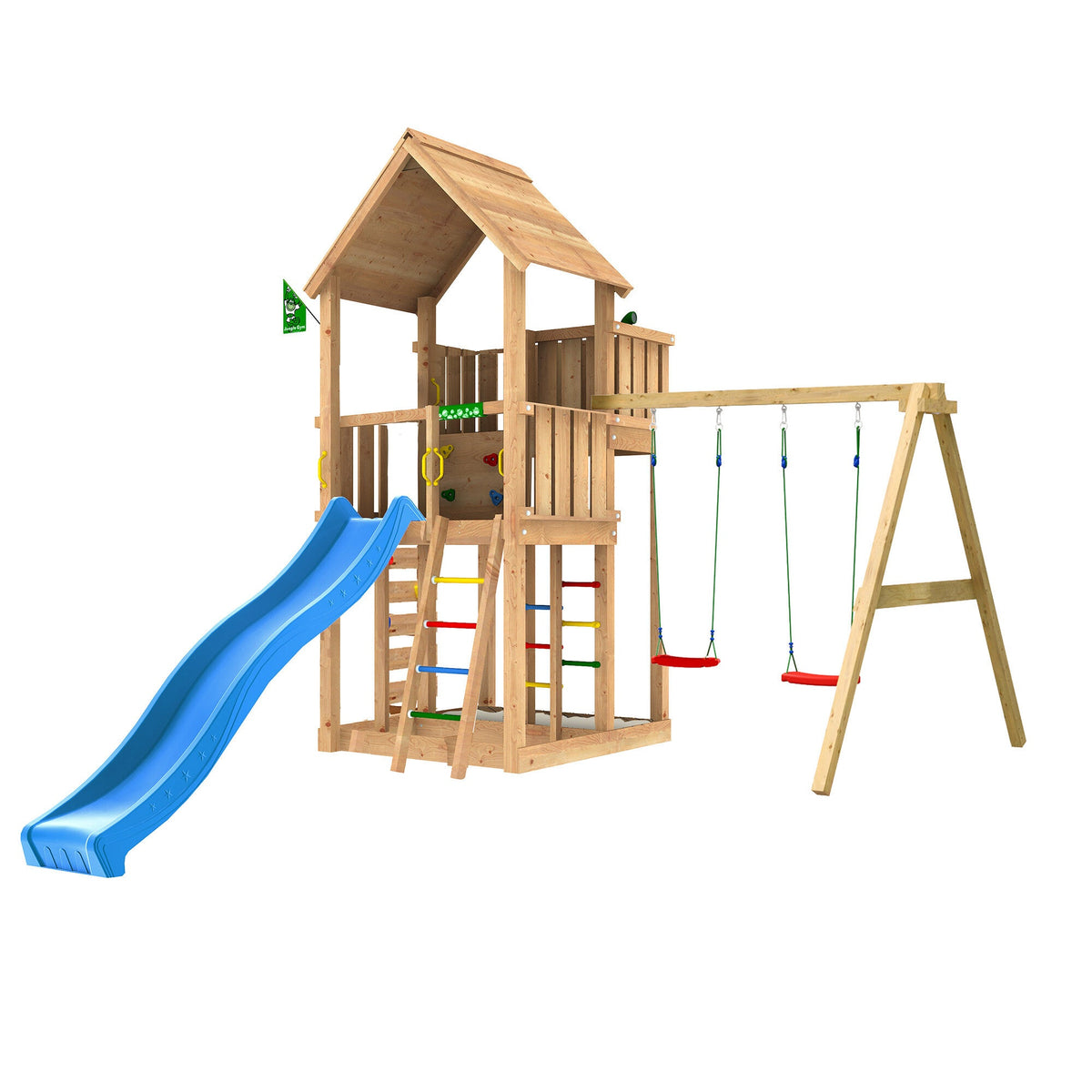 Jungle Gym Palace 2.1 legetårn med to gynger og blå rutsjebane