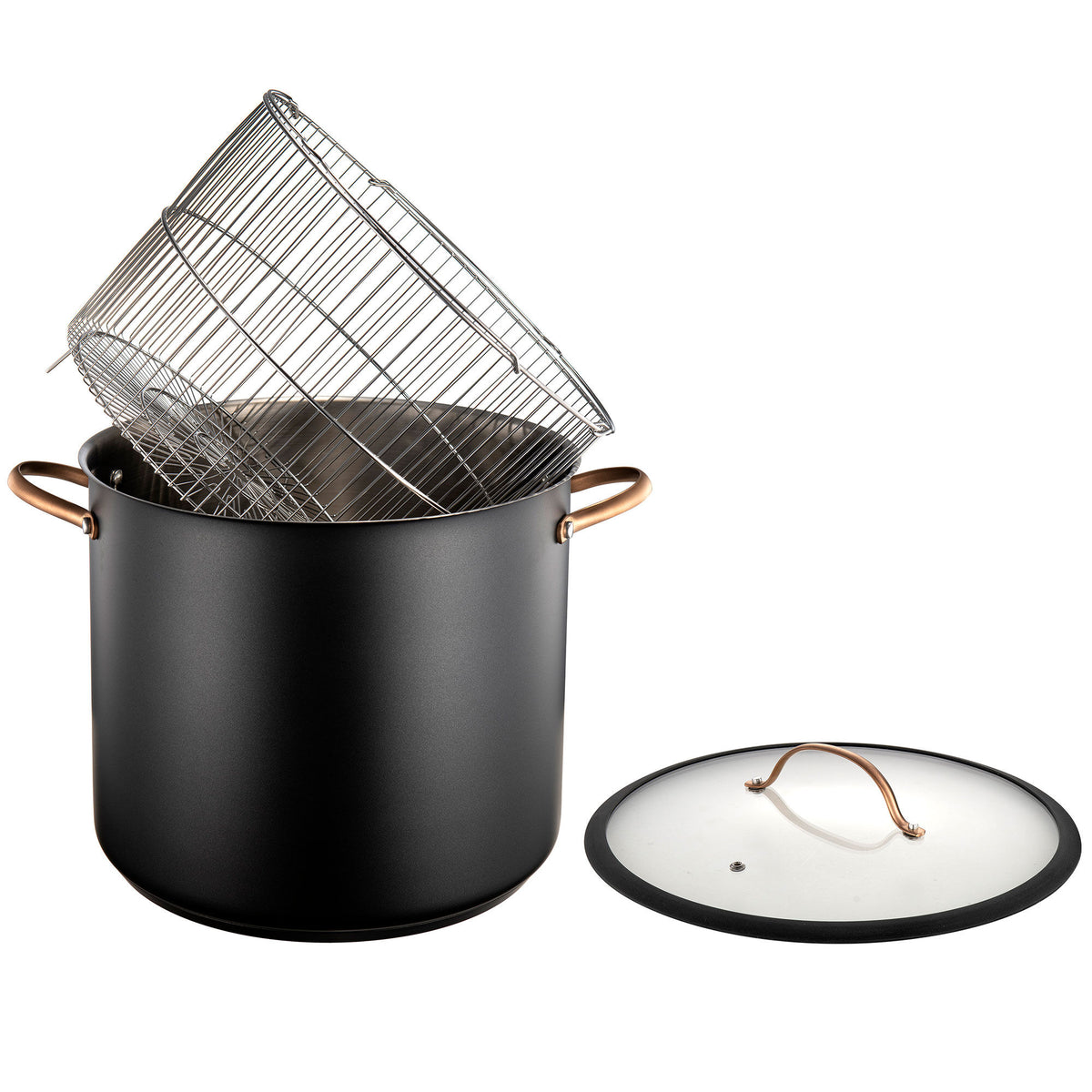 Modern House Black Copper gryde med dampkurv, 18 liter, mat sort med kobberfarvede håndtag