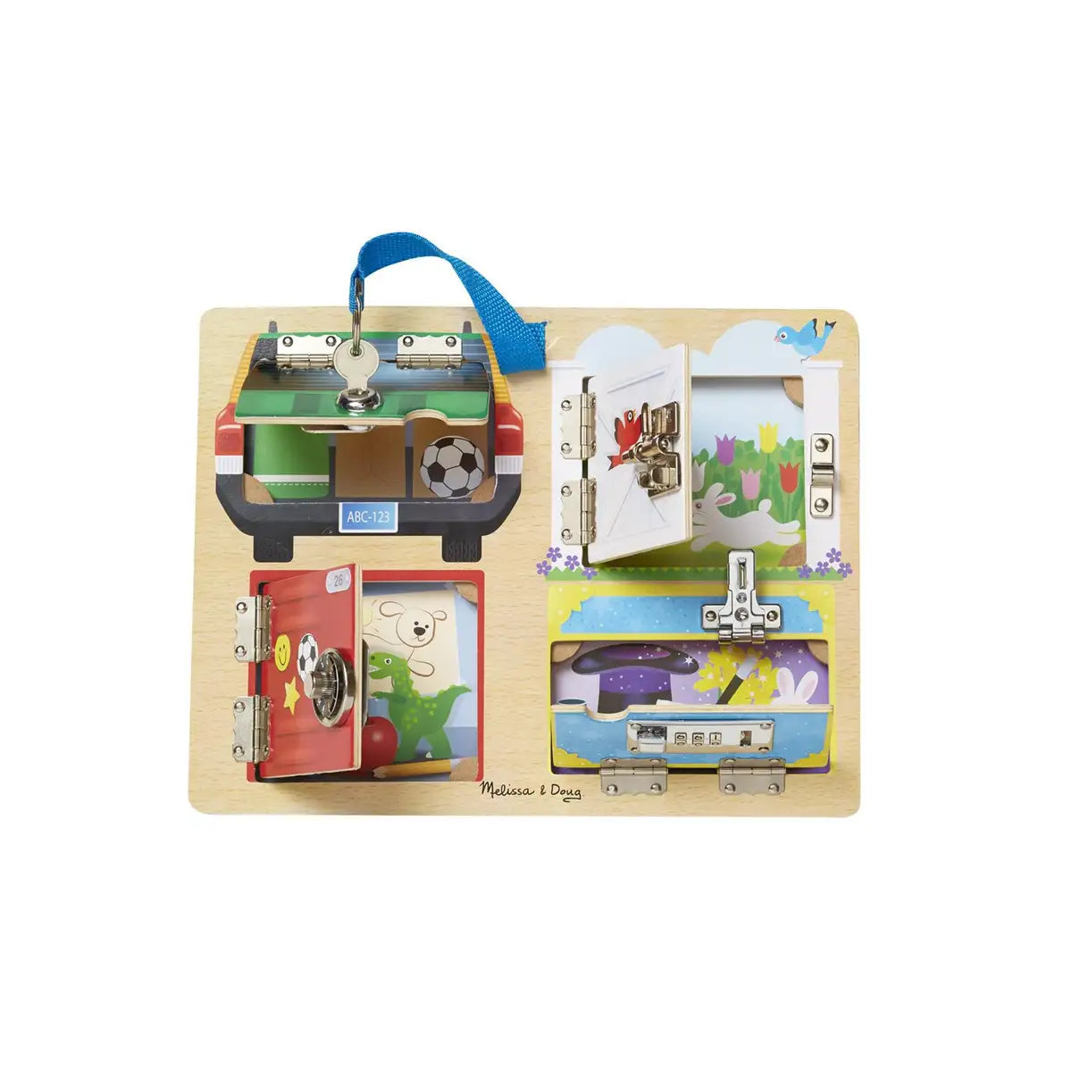 Låsebrættet, aktivitetslegetøj i træ fra Melissa & Doug med låse og billeder