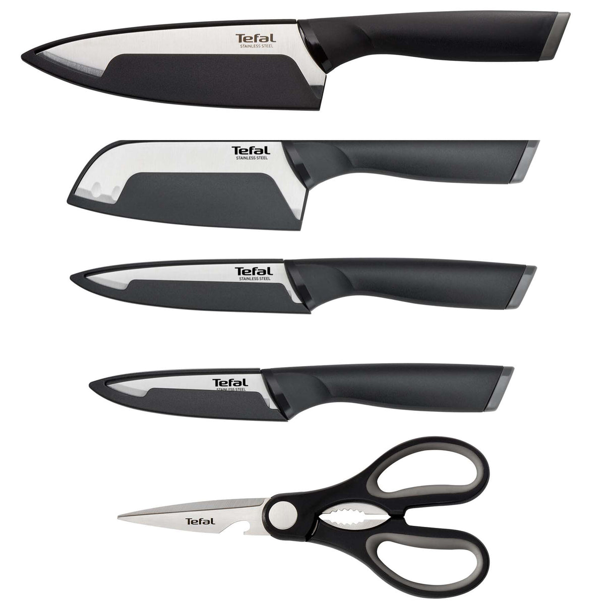 Tefal Comfort knivsæt i sølv med fire knive og en køkkensaks, 5 dele