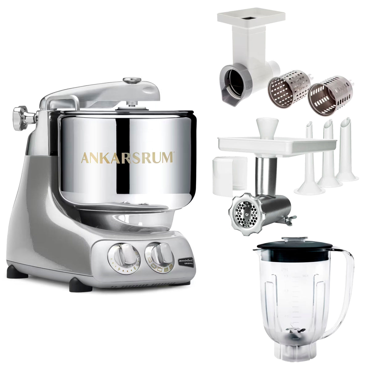 Ankarsrum Assistent Original AKM 6230 køkkenassistent i jubilee silver med tilbehør