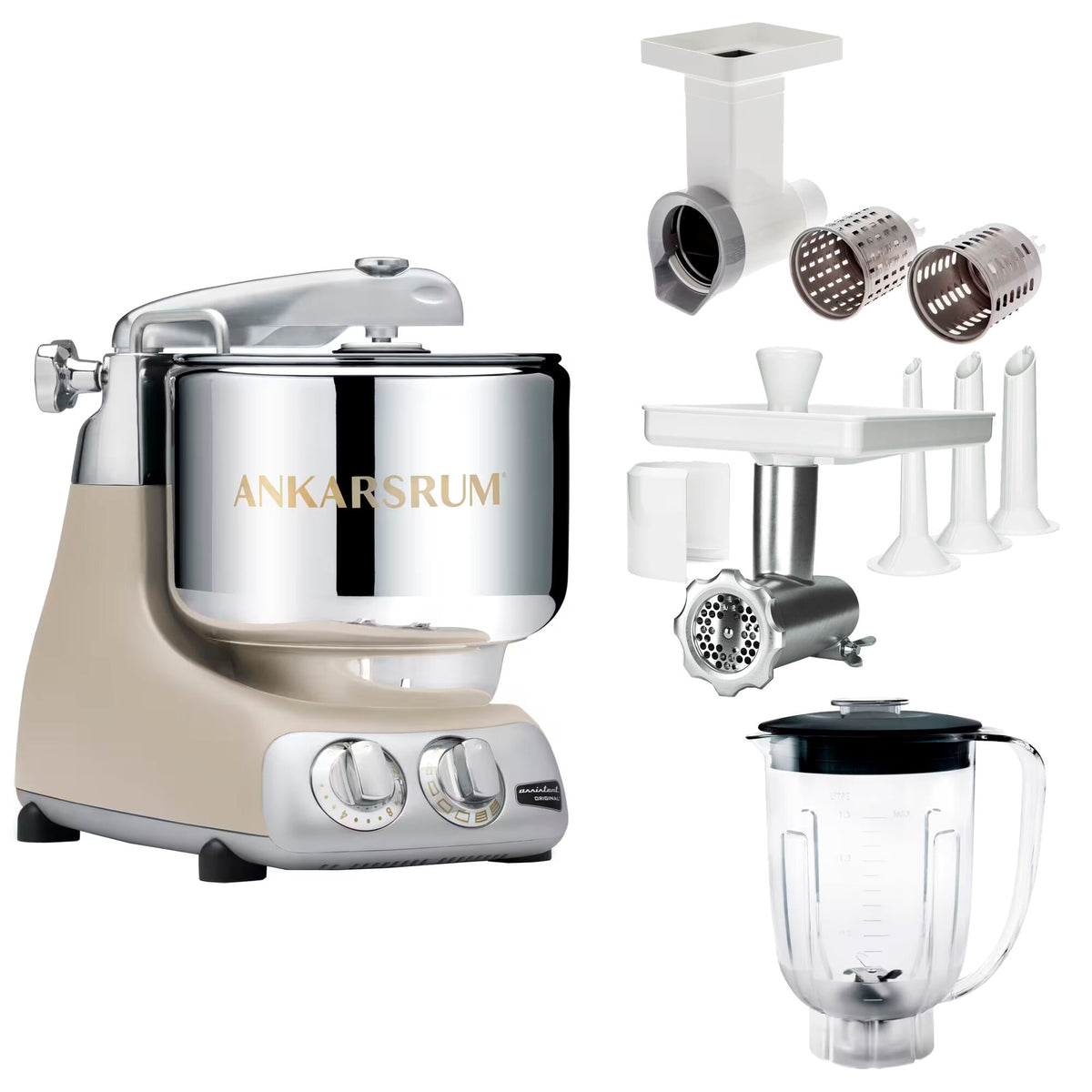 Ankarsrum Assistent Original AKM 6230 køkkenmaskine i harmony beige med tilbehør