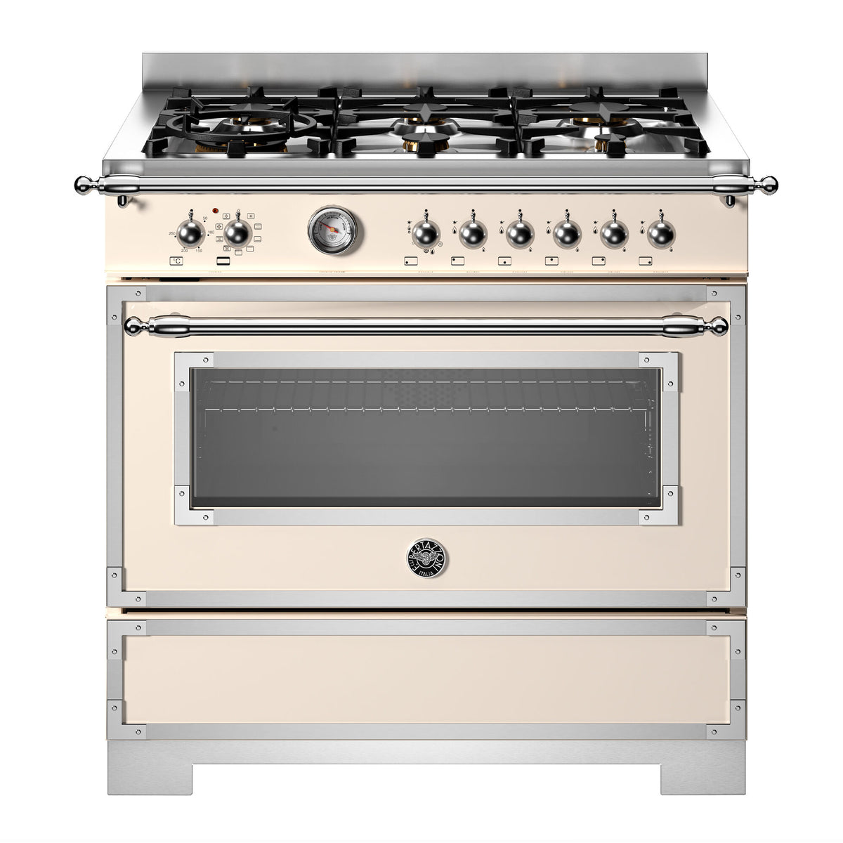 Bertazzoni Heritage gaskomfur 90 cm i elfenbenshvid emalje med seks brændere