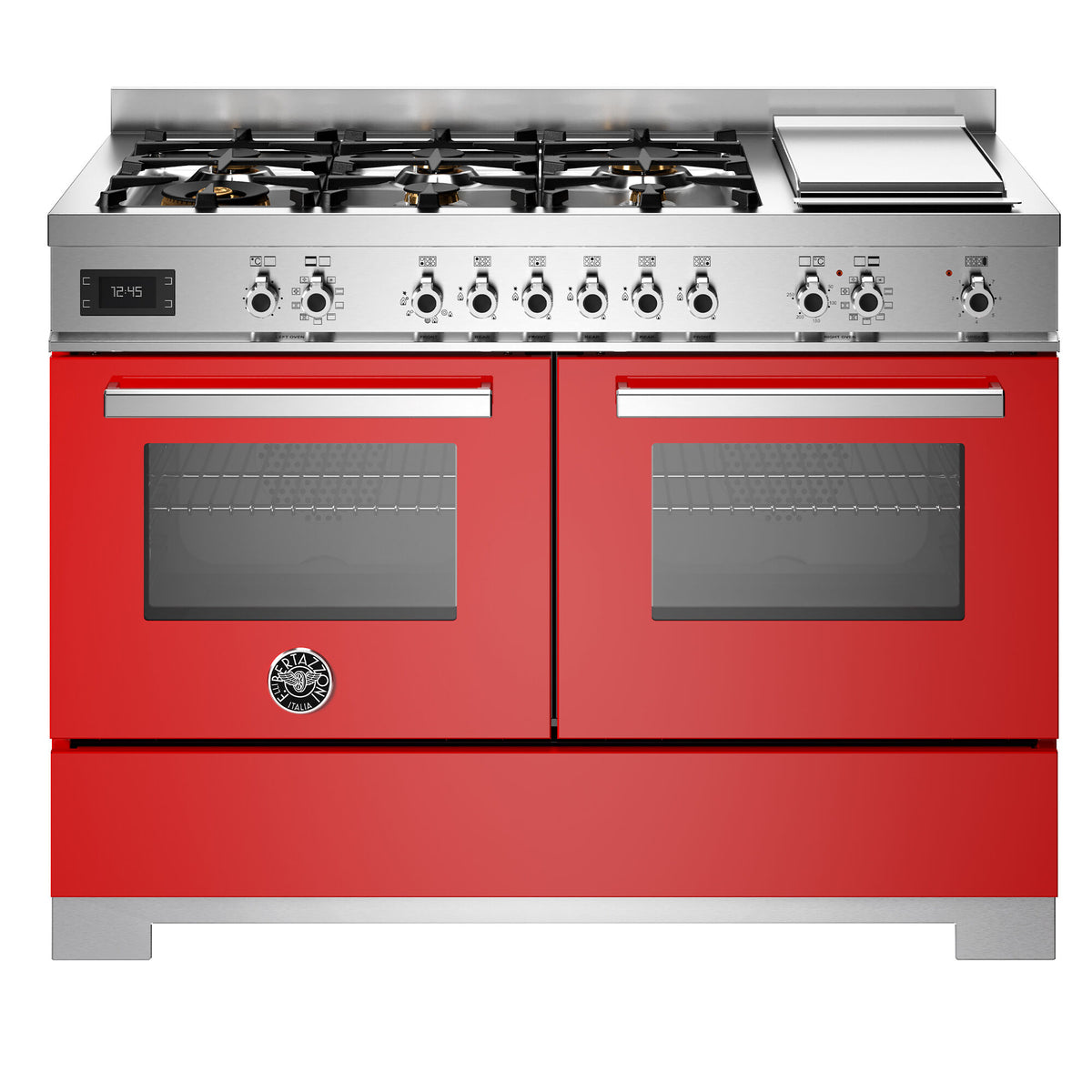 Rød Bertazzoni Professional gaskomfur på 120 cm med seks gasbrændere og stegebord