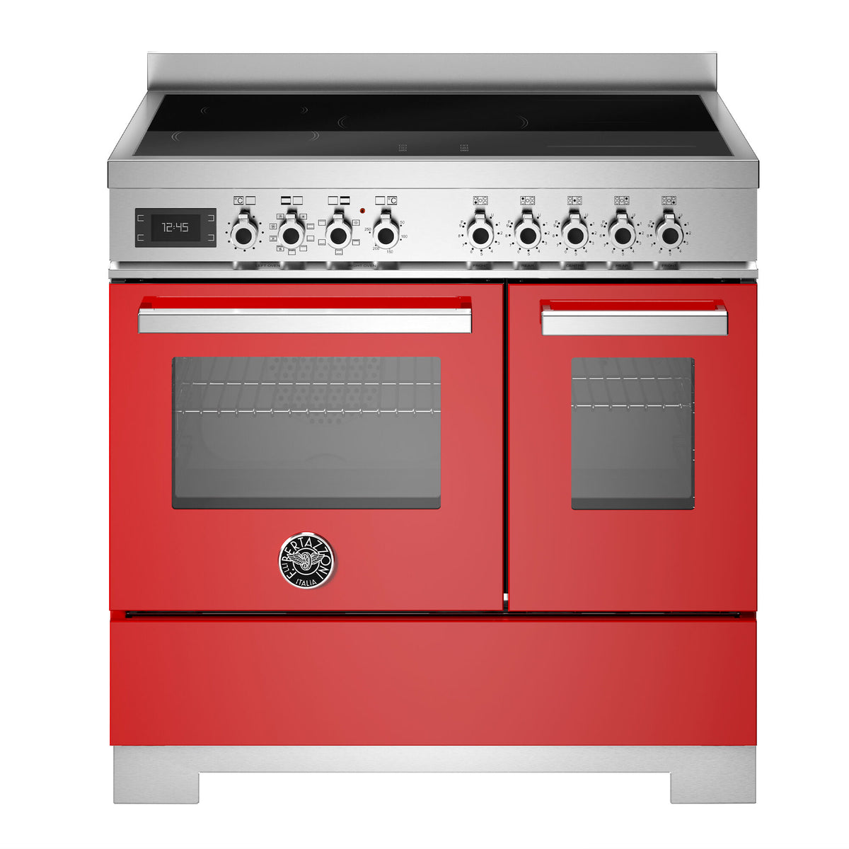 Rødt Bertazzoni Professional induktionskomfur på 90 cm med 5 zoner og 2 ovne